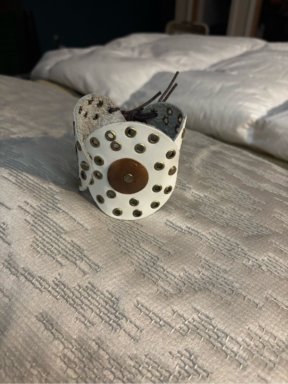 White Leather Studded Cuff Bracelet with Brass Accent